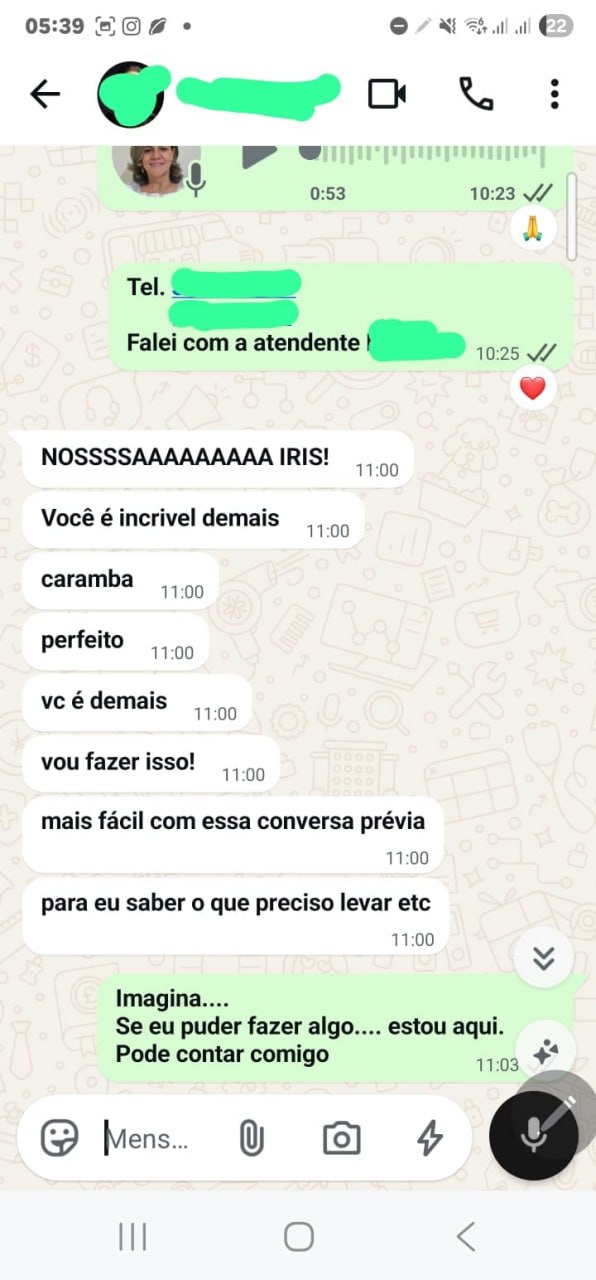 Print de conversa no WhatsApp: cliente elogia a orientação recebida antes do atendimento na administradora